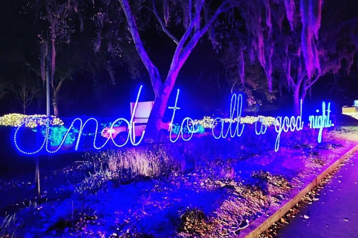 Blue neon sign reading 'And to all a good night' with trees and lights in the background.