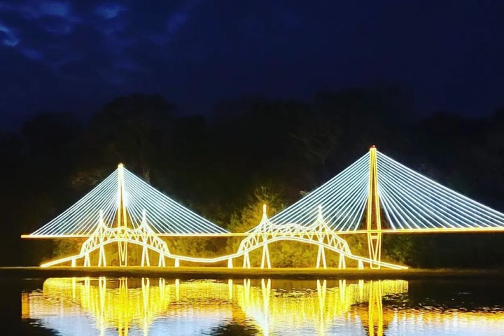 Illuminated bridge with cable-stayed design reflecting on water at night.