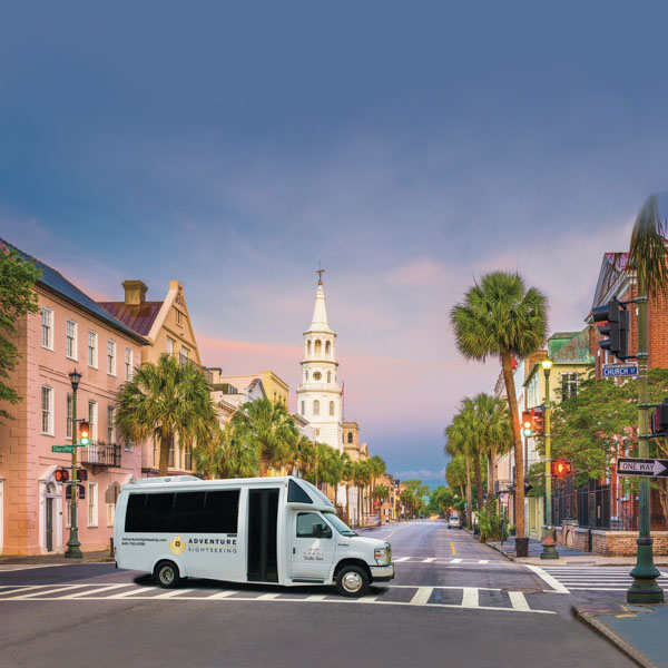 A sightseeing van on a palm-lined city street with a church steeple in the background.